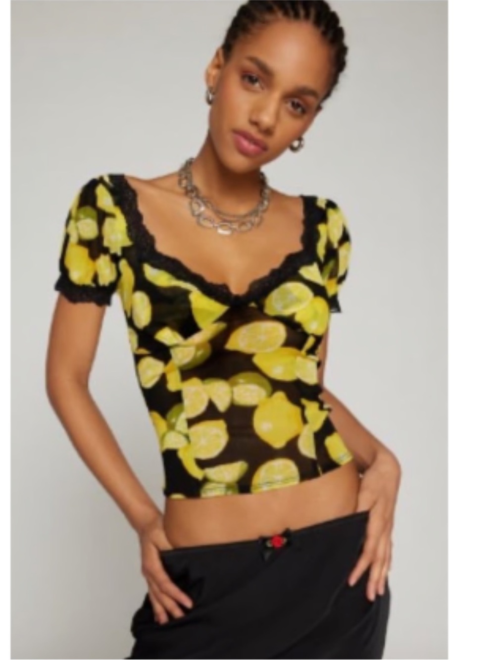 Women’s Lemon Print Lace Trim Crop Top - Black/Yellow